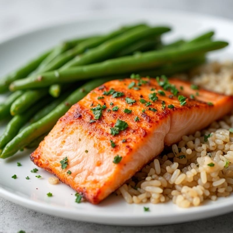 Seared Salmon with Garlic Green Beans and Brown Rice