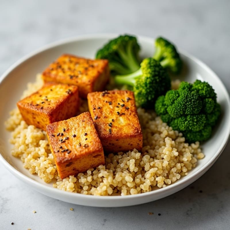 Crispy Ginger Garlic Tofu with Roasted Broccoli and Quinoa