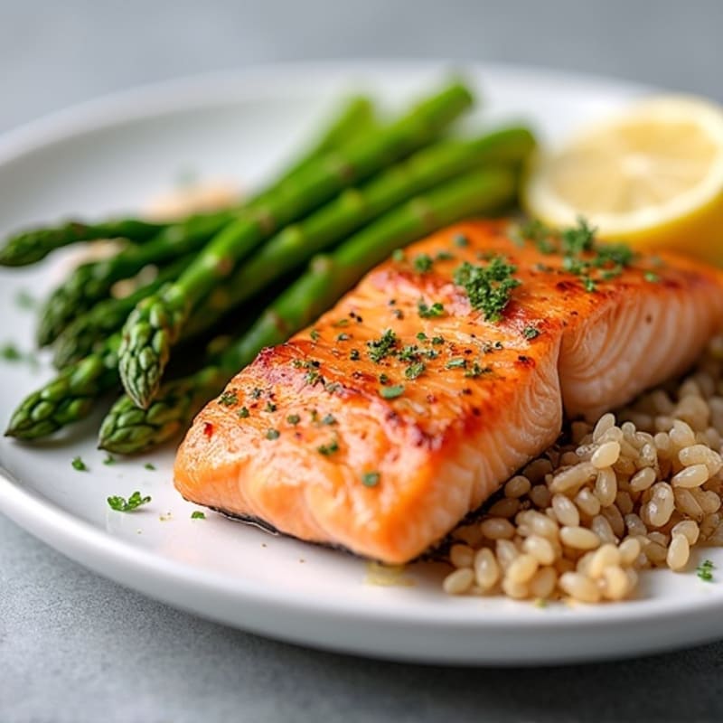 Seared Salmon Fillet with Steamed Asparagus and Brown Rice
