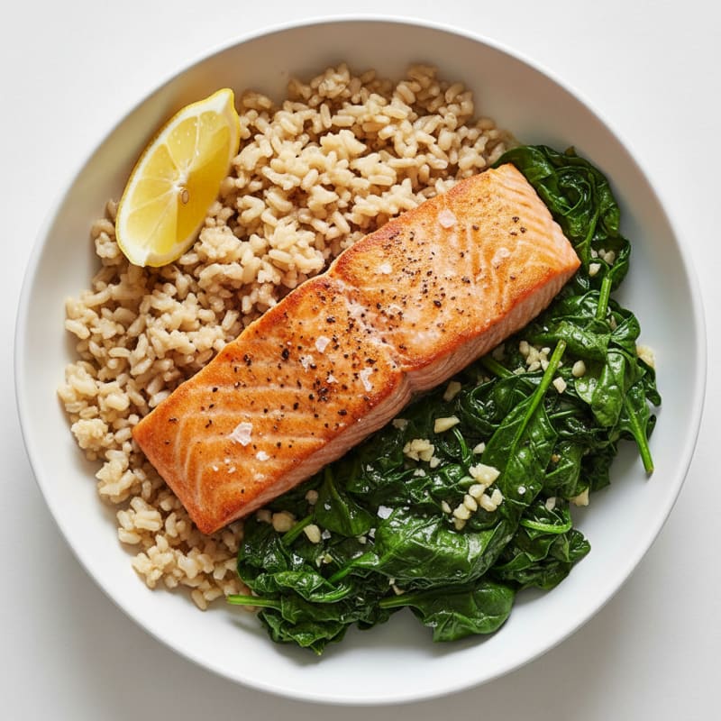 Seared Salmon Fillet with Garlic Spinach and Brown Rice