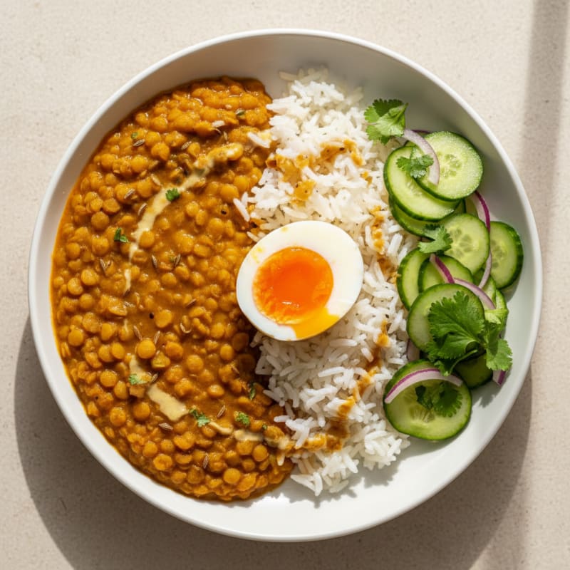 Lentil Daal with Steamed Basmati Rice and Cucumber Salad