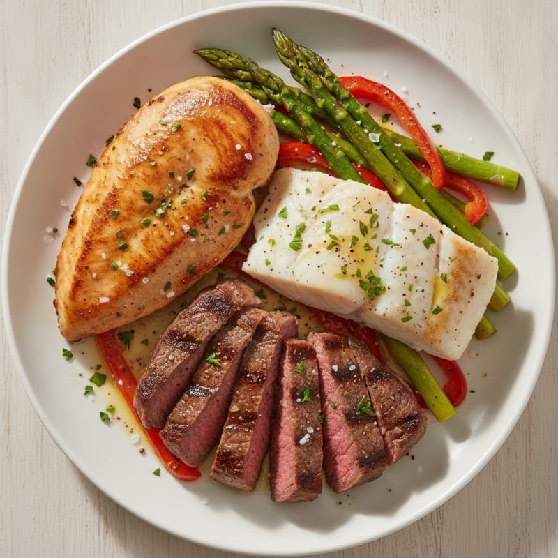 Pan-Seared Chicken, Steak, and Fish Medley
