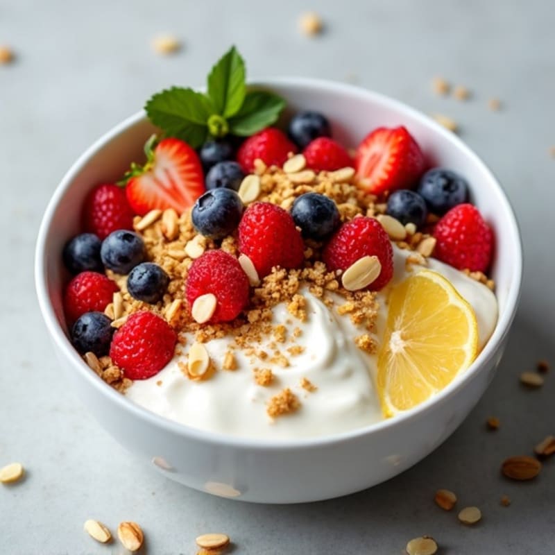 High-Protein Creamy Lemon-Berry Greek Yogurt Bowl with Toasted Almond Crumble