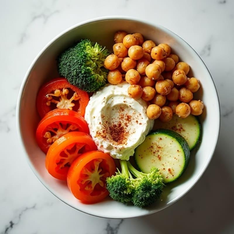 Creamy Cottage Cheese Bowl with Roasted Vegetables and Crispy Chickpeas