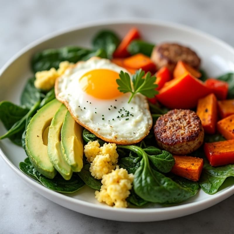 Egg White and Turkey Sausage Scramble with Spinach and Roasted Sweet Potatoes