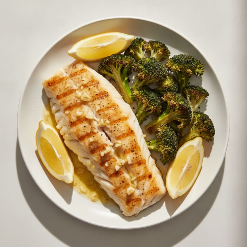 Grilled Fish Fillet with Roasted Broccoli and Lemon