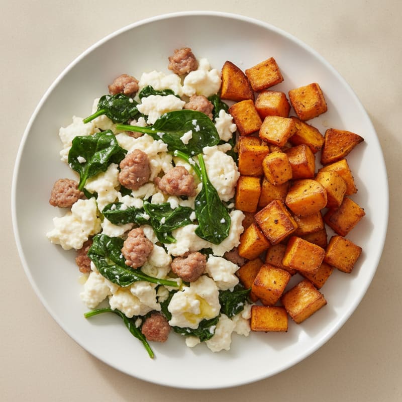 Egg White and Turkey Sausage Scramble with Spinach and Roasted Sweet Potatoes