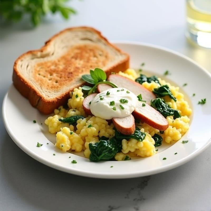 Egg White and Spinach Scramble with Cottage Cheese and Sliced Turkey
