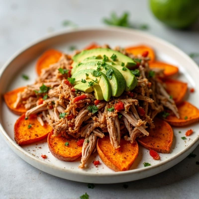 Lean Pulled Pork with Crispy Sweet Potato Nachos and Creamy Avocado