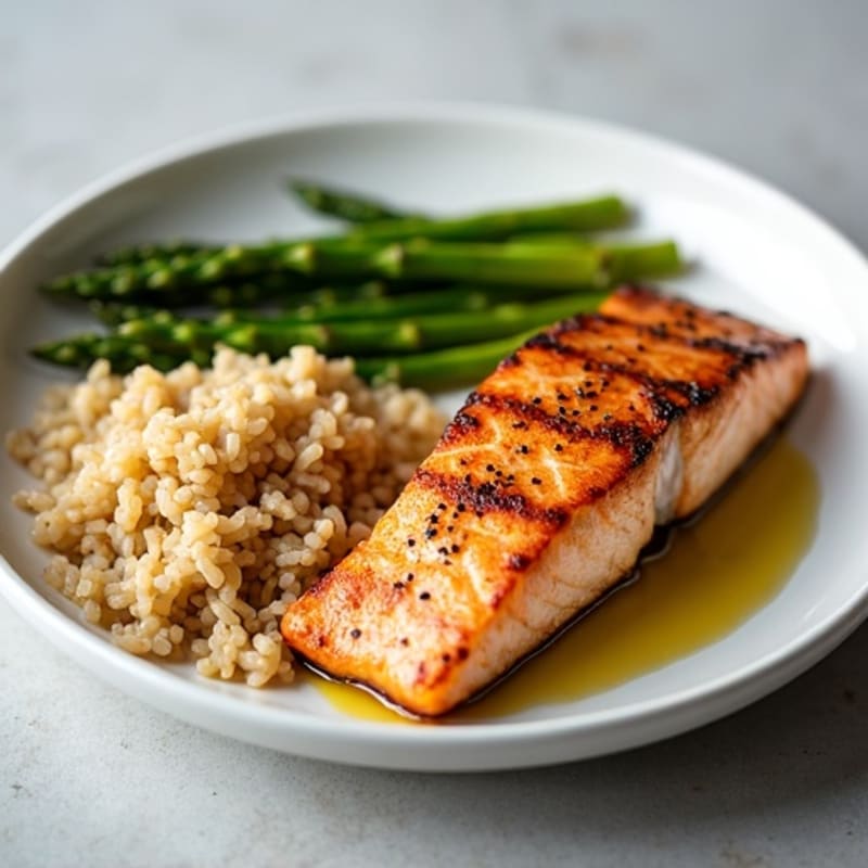 Seared Salmon Fillet with Steamed Asparagus and Brown Rice