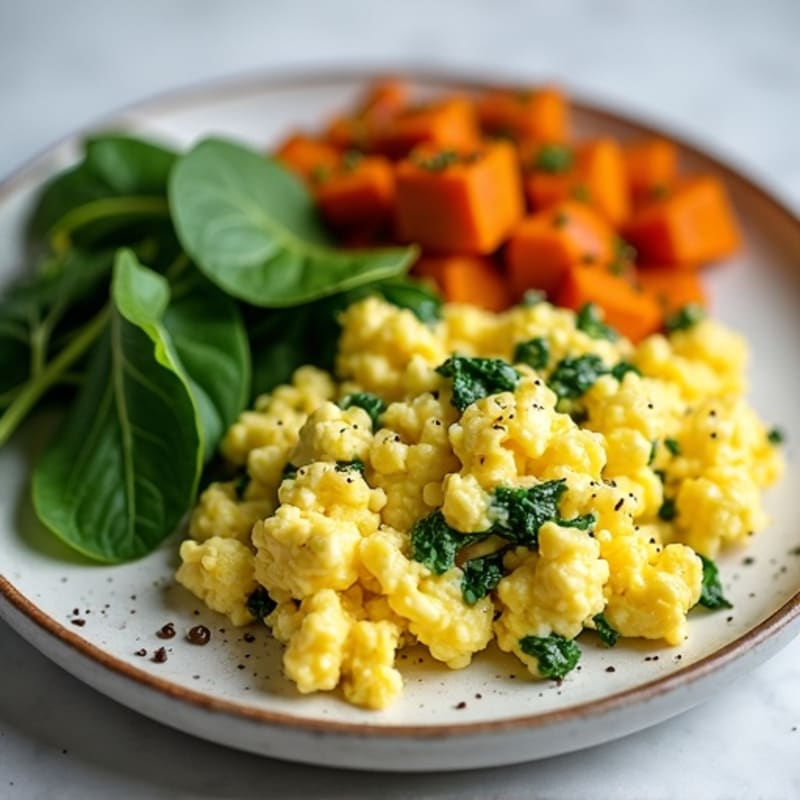 Fluffy Scrambled Eggs with Fresh Spinach and Roasted Sweet Potato Hash
