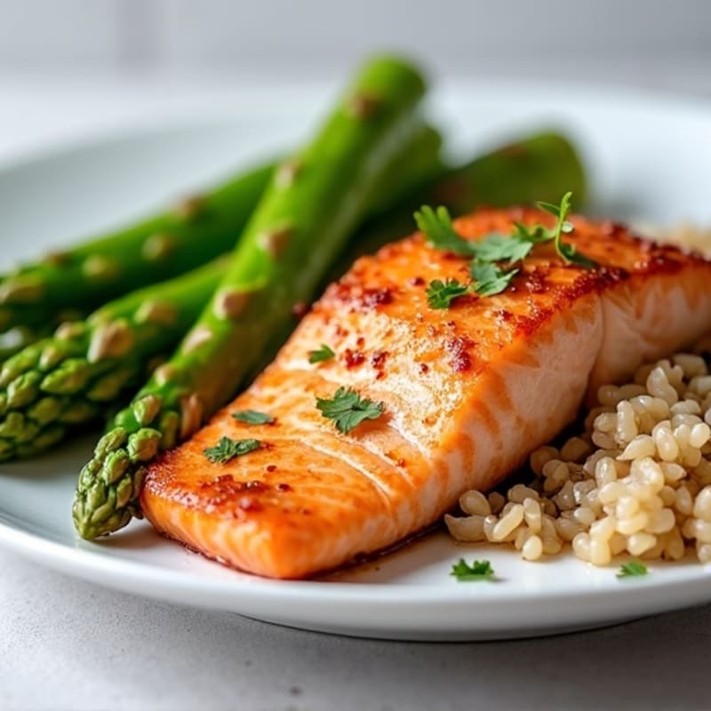 Seared Salmon with Steamed Asparagus and Brown Rice