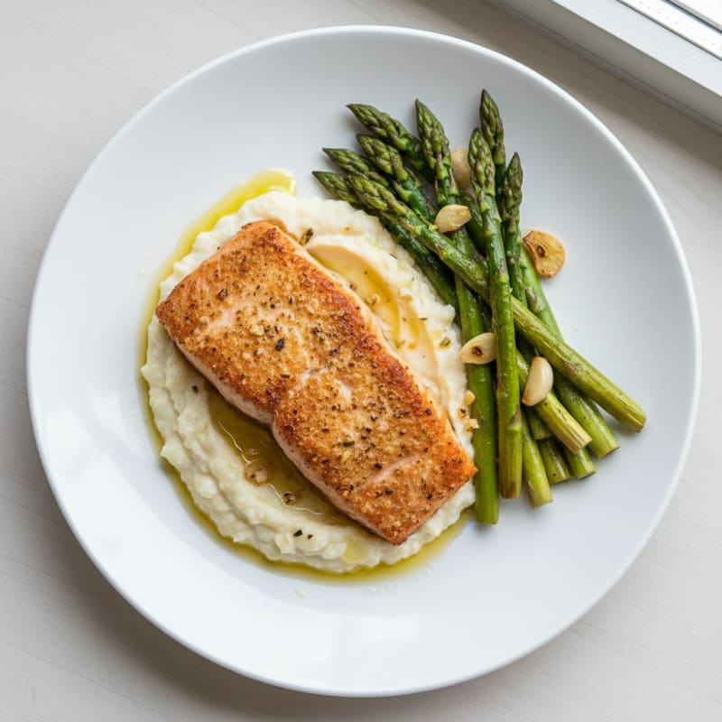 Seared Salmon with Roasted Asparagus and Garlic Cauliflower Mash