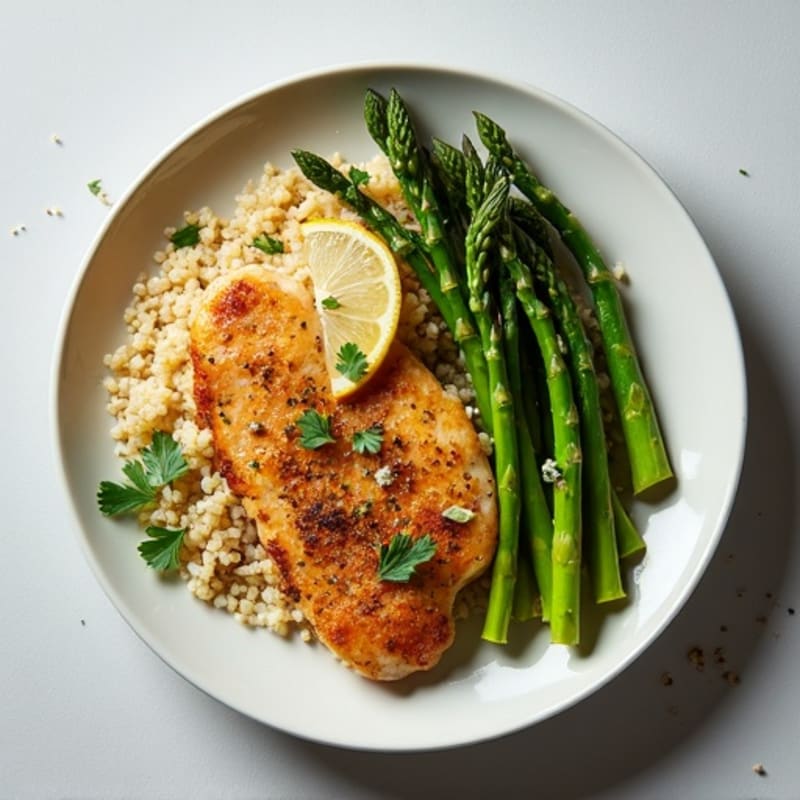 Crispy Lemon-Herb Chicken with Roasted Asparagus and Quinoa