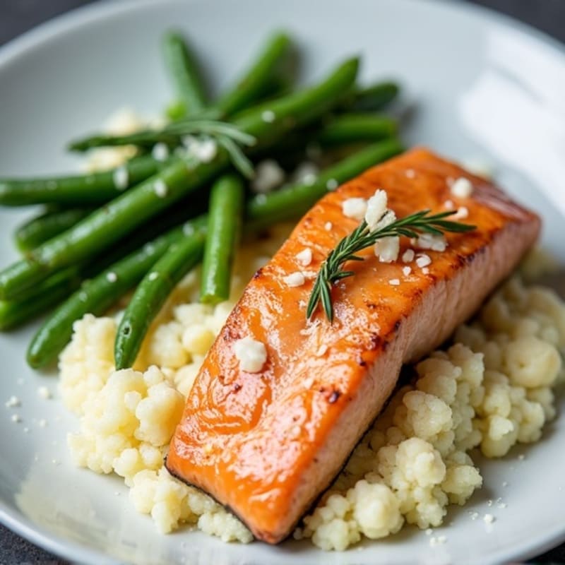 Seared Salmon with Steamed Green Beans and Garlic Mashed Cauliflower