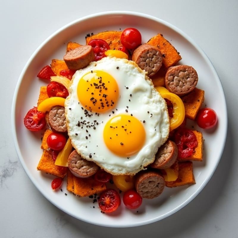 Crispy Sweet Potato Hash with Baked Eggs and Lean Turkey Sausage