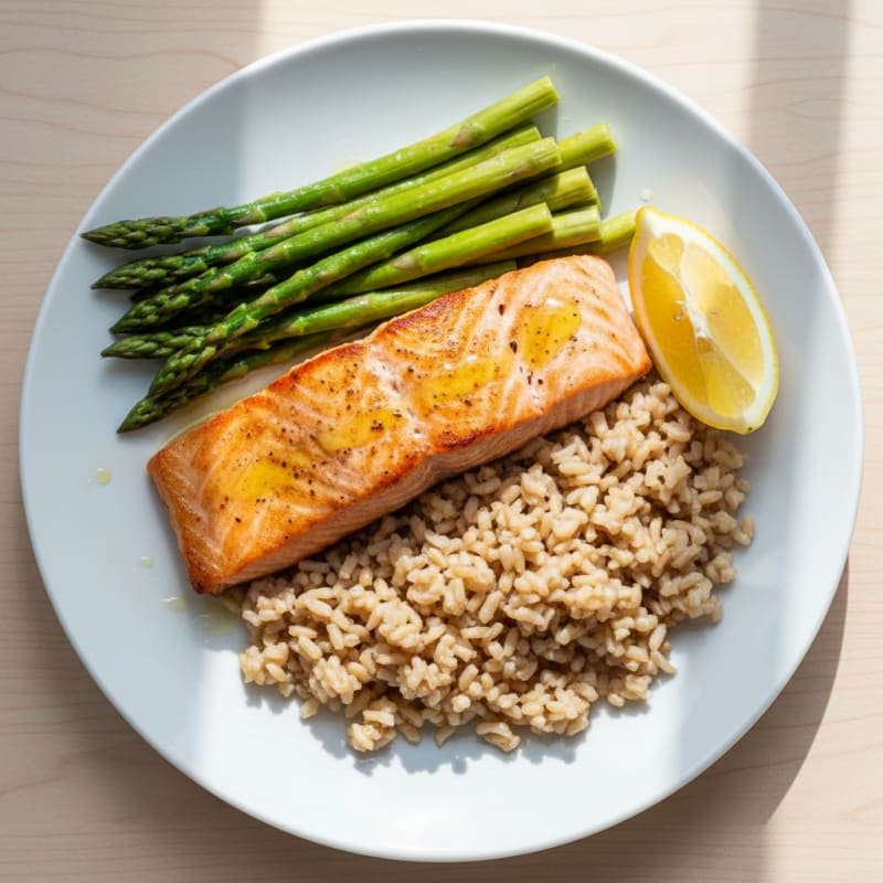 Seared Salmon with Steamed Asparagus and Brown Rice
