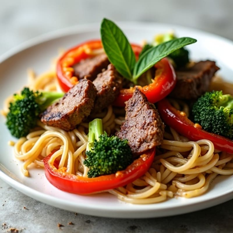 Seared Lean Beef Strips with Stir-Fried Broccoli, Bell Peppers, and Brown Rice Noodles