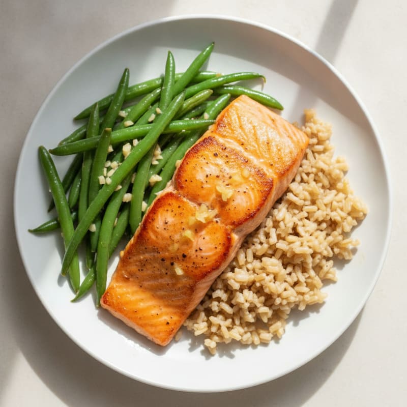 Seared Salmon Fillet with Garlic Green Beans and Brown Rice