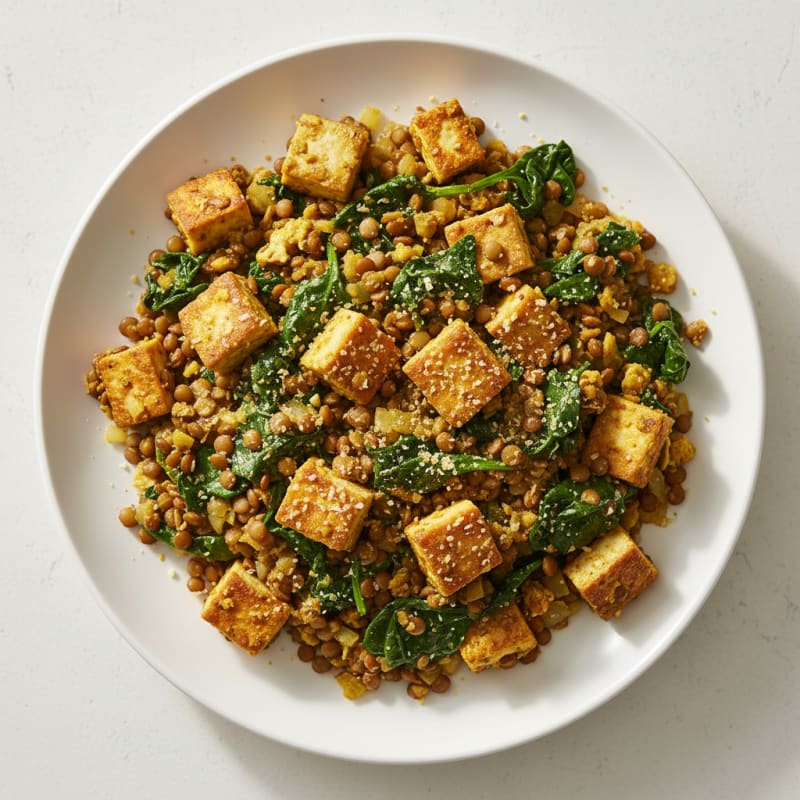 Silky Tofu and Lentil Scramble with Spinach