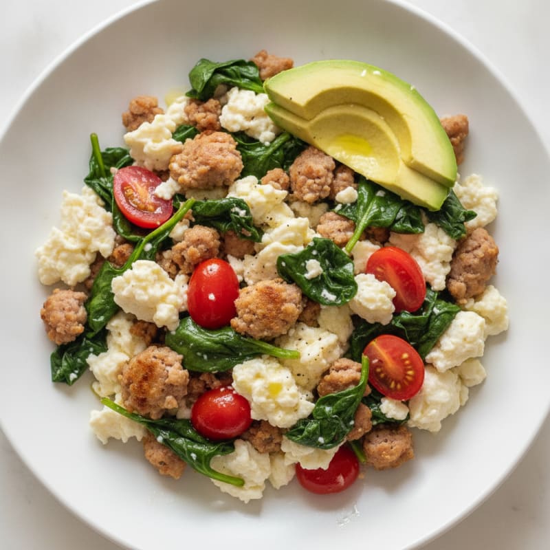 Egg White and Turkey Sausage Scramble with Spinach and Tomatoes