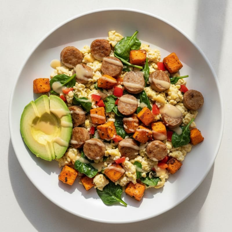 Egg White Scramble with Turkey Sausage and Roasted Sweet Potatoes