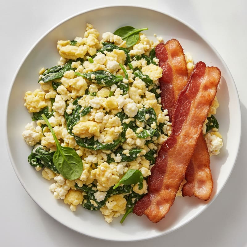 Cottage Cheese Egg Scramble with Spinach and Turkey Bacon