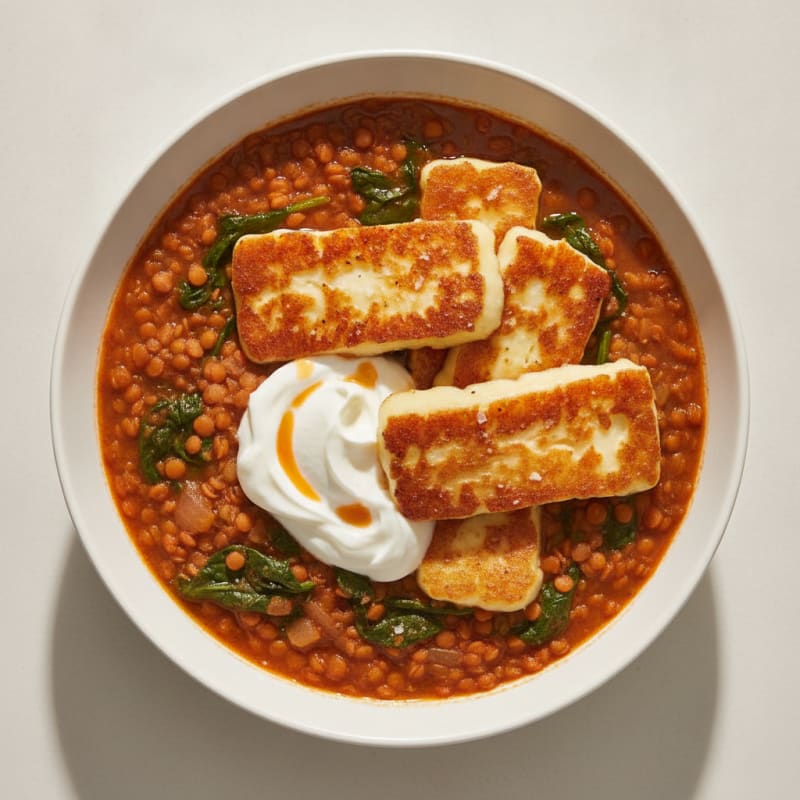 Creamy Lentil and Spinach Stew with Grilled Halloumi
