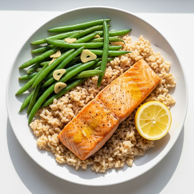 Seared Salmon Fillet with Garlic Green Beans and Brown Rice