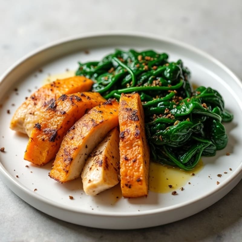 Crispy Roasted Japanese Sweet Potatoes with Lemon Garlic Chicken and Sautéed Spinach