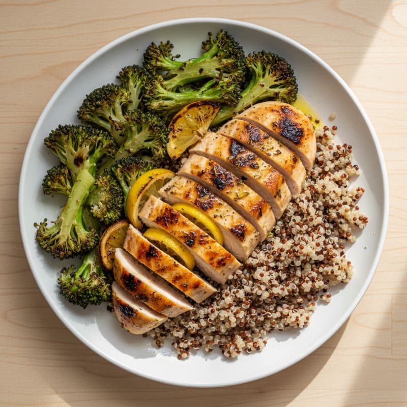 Grilled Chicken Breast over Quinoa and Roasted Broccoli
