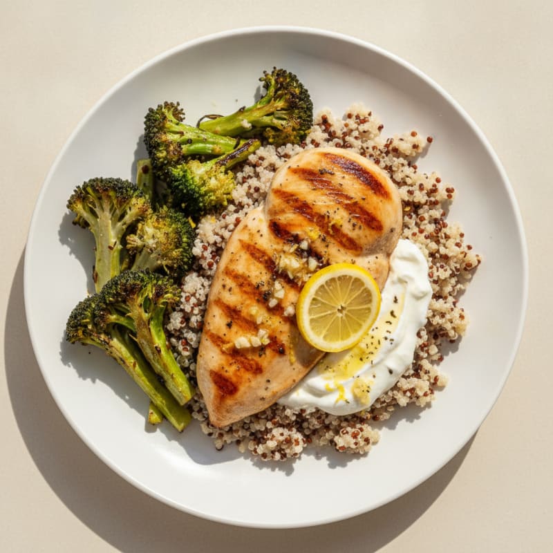 Grilled Chicken Breast with Creamy Quinoa and Roasted Broccoli