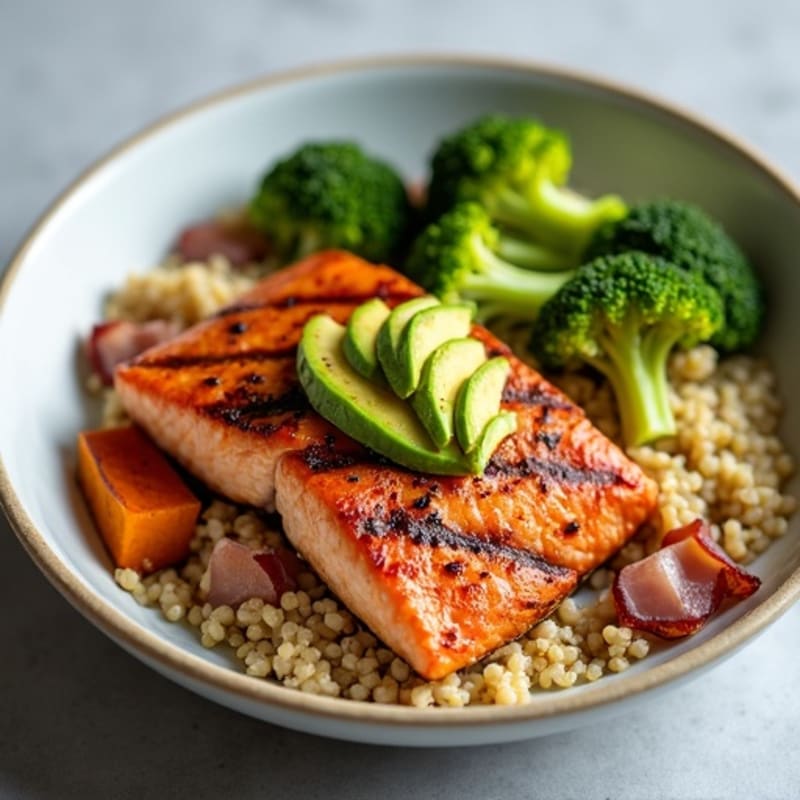 Grilled Salmon Quinoa Bowl with Roasted Broccoli and Sweet Potatoes