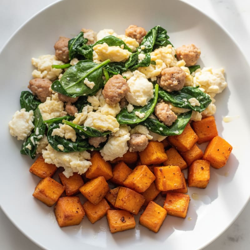 Egg White and Turkey Sausage Scramble with Spinach and Roasted Sweet Potato