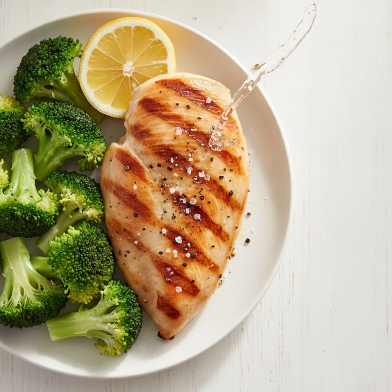 Grilled Chicken Breast with Steamed Broccoli and Lemon
