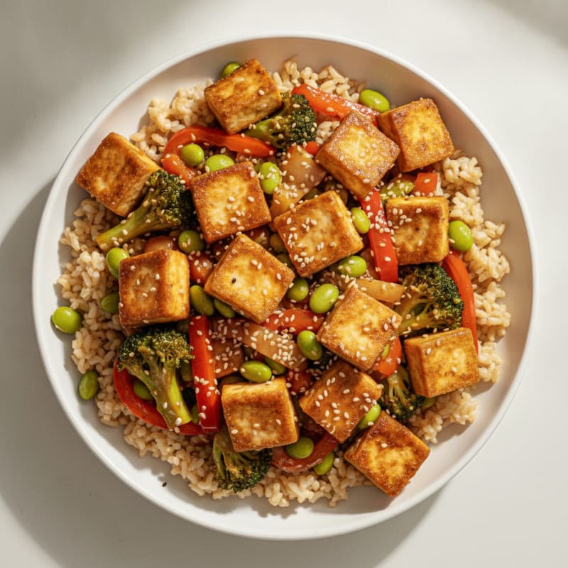 Seared Tofu and Vegetable Stir Fry with Ginger Soy Glaze and Brown Rice