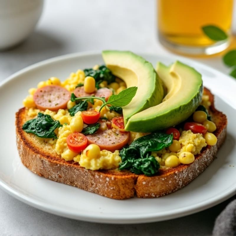 Egg White and Turkey Sausage Scramble with Sautéed Spinach and Toast with Avocado
