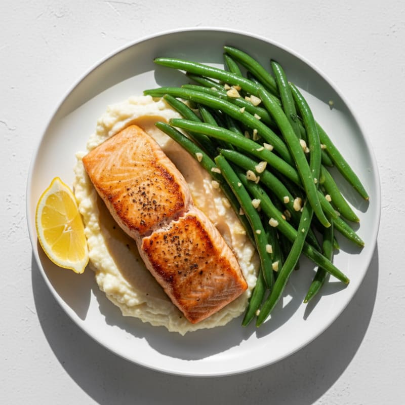 Seared Salmon Fillet with Garlic Green Beans and Cauliflower Mash