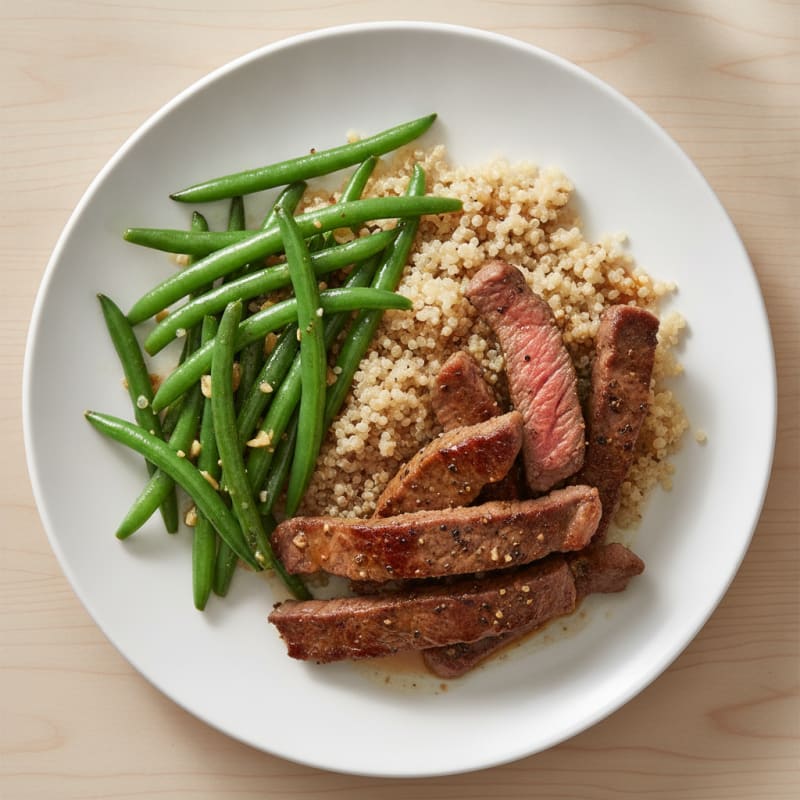 Seared Beef Strips with Garlic Green Beans and Quinoa