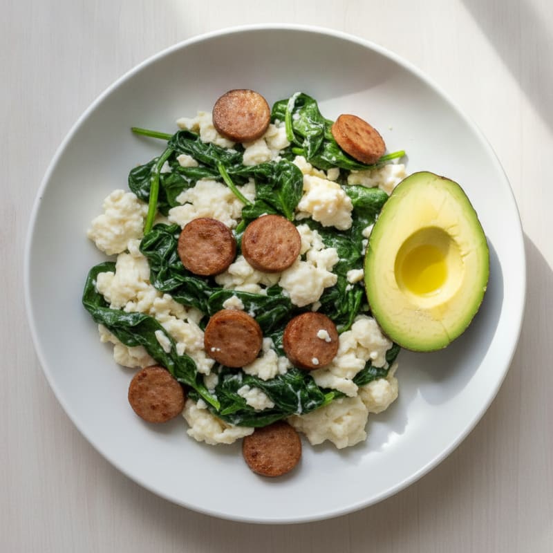 Egg White Scramble with Turkey Sausage and Sautéed Spinach
