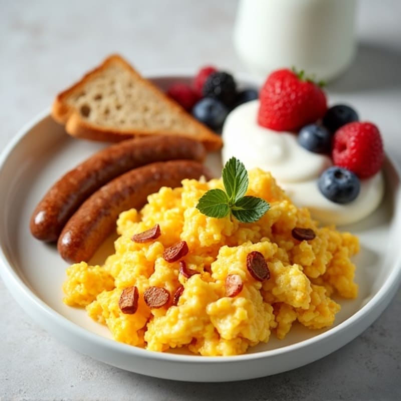 Egg White Scramble with Turkey Sausage and Greek Yogurt Parfait