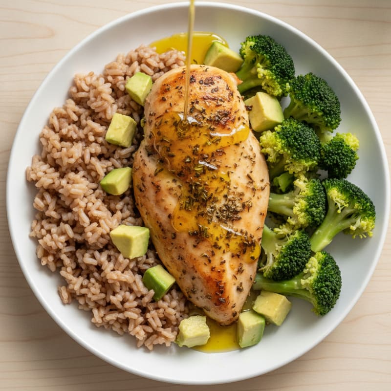 Herb-Baked Chicken Breast with Steamed Broccoli and Brown Rice