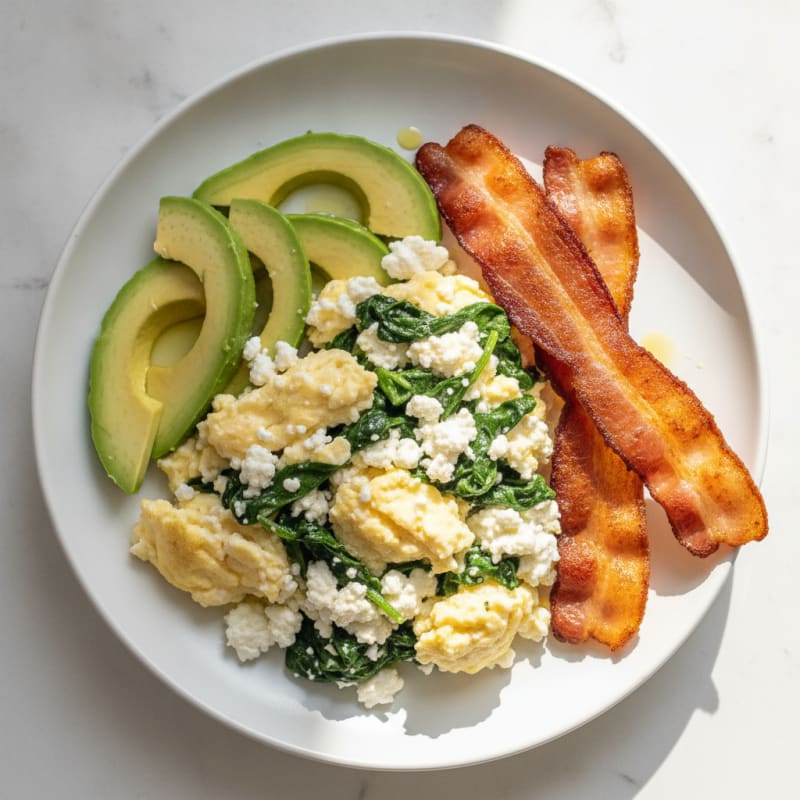 Cottage Cheese Egg Scramble with Sautéed Spinach and Turkey Bacon