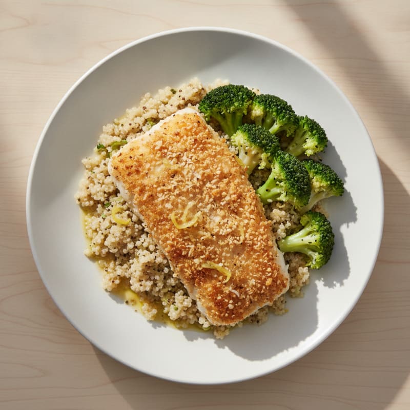 Crispy Baked Fish with Quinoa and Steamed Broccoli