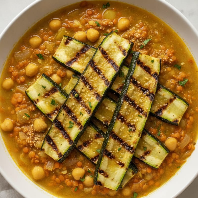 Lentil and Chickpea Stew with Grilled Zucchini