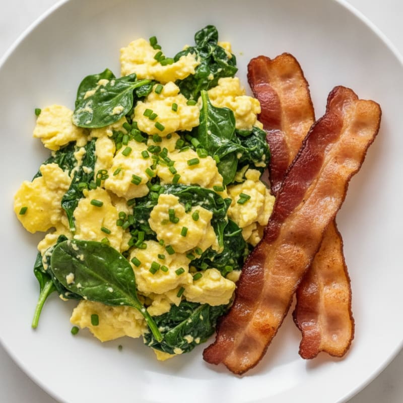 Cottage Cheese Egg Scramble with Sautéed Spinach and Turkey Bacon