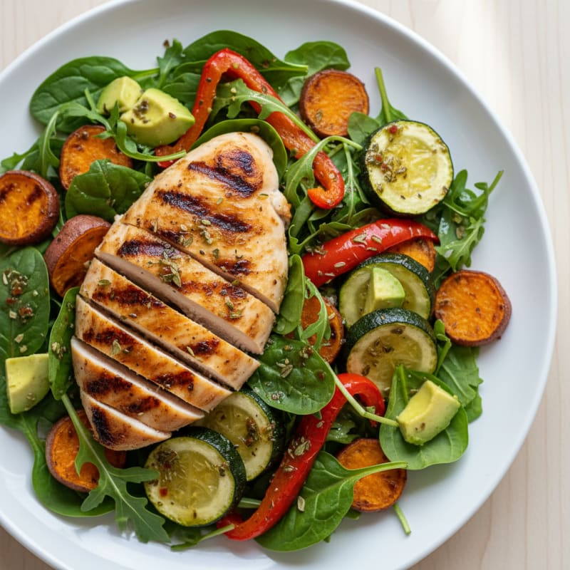 Grilled Chicken Salad with Roasted Vegetables and Herb Vinaigrette