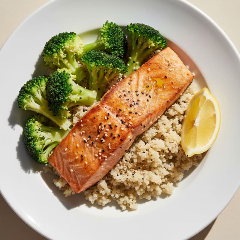 Seared Salmon Fillet with Steamed Broccoli and Quinoa
