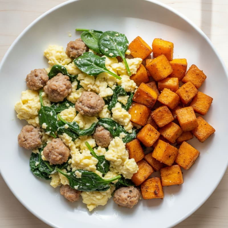 Egg White and Turkey Sausage Scramble with Spinach and Roasted Sweet Potato