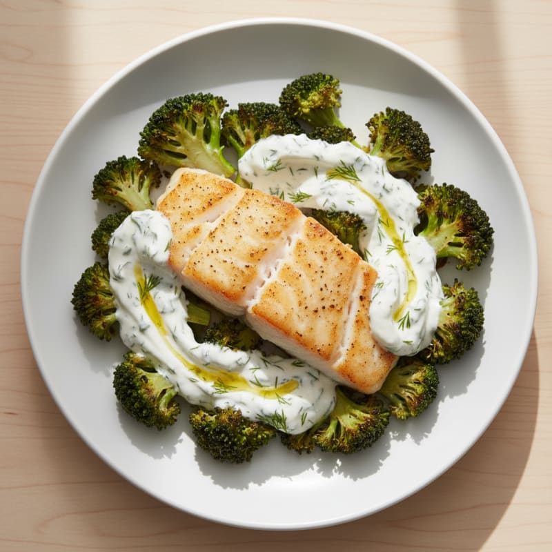 Seared Cod with Roasted Broccoli and Herb Yogurt Sauce